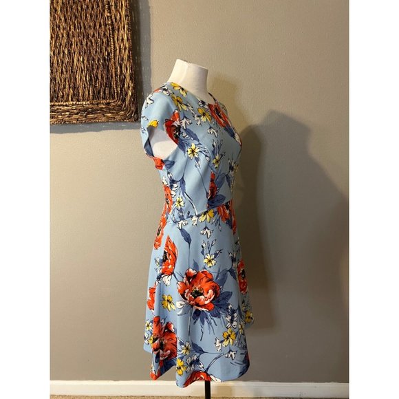 Vince Camuto Dress 12 Blue Orange Floral Stretch Short Sleeve Washable NEW - Picture 9 of 13